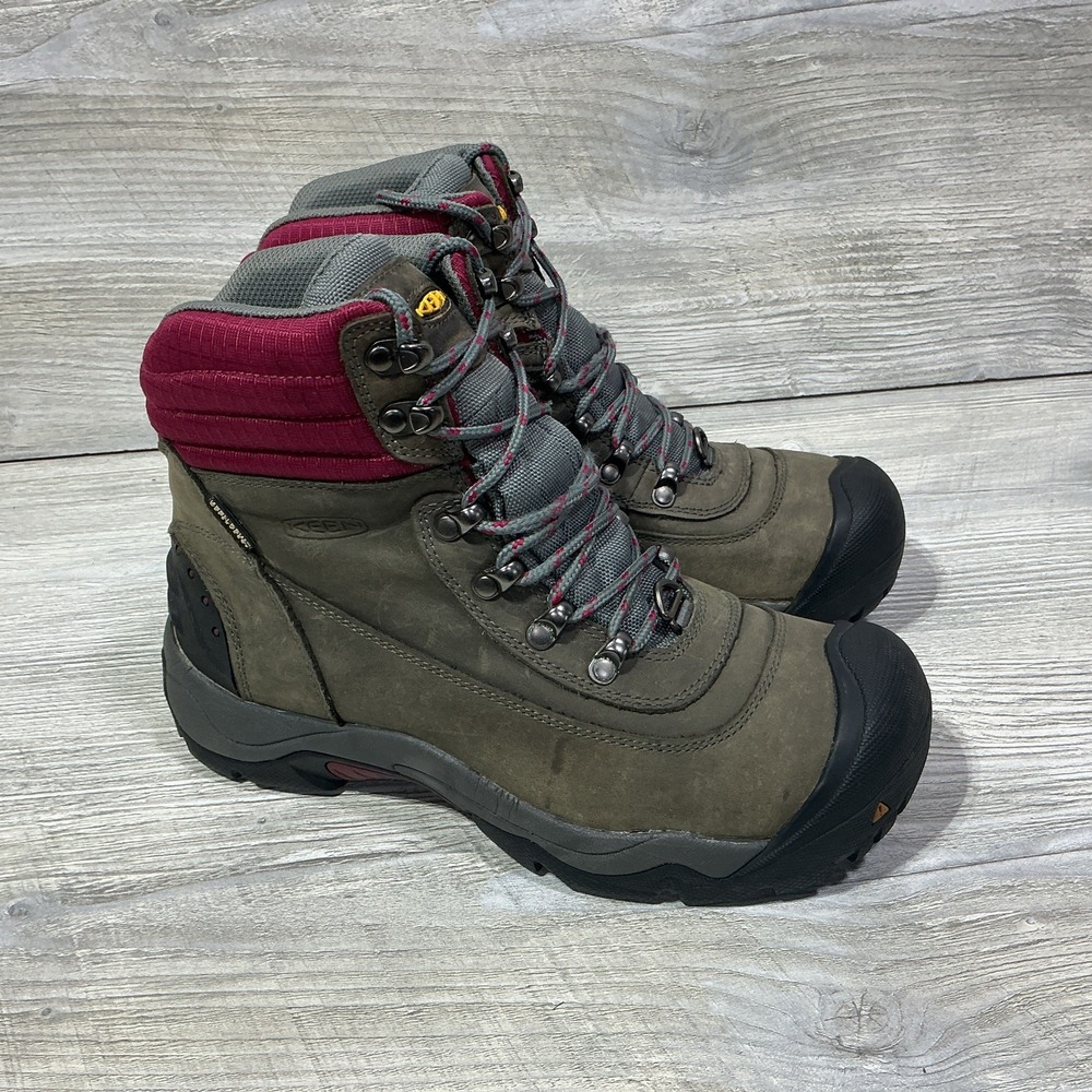 KEEN Womens 8 US Boots Revel II Leather Mid Hiking Grey Red Insulated Waterproof